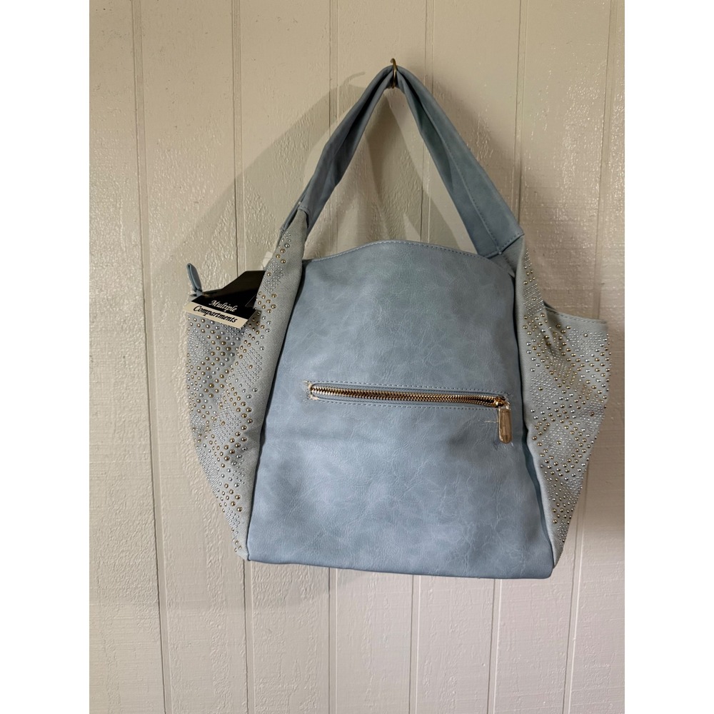 Blue Studded Faux Leather Hobo Shoulder Bag Multiple Compartments NWT
